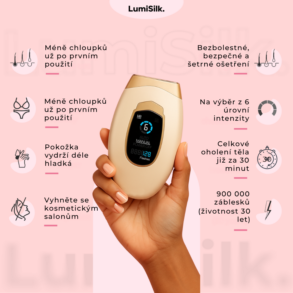 Výhody zařízení Lumina od Lumisilk: bezbolestné, bezpečné, vhodné pro všechny části těla, dlouhotrvající výsledky doma.