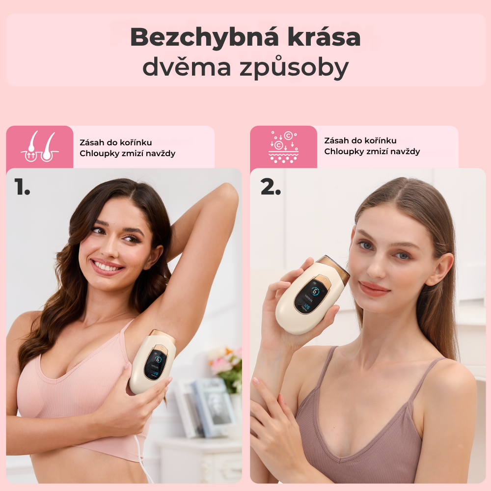 Dvojí účinek zařízení Lumina od Lumisilk – odstranění chloupků od kořínků a přirozená aktivace kolagenu.