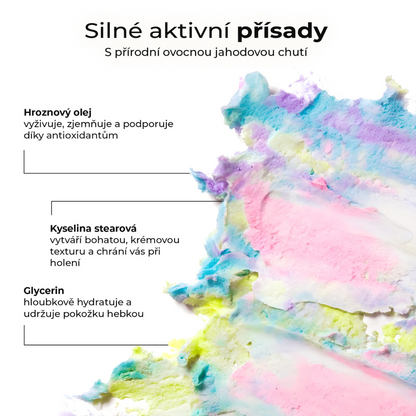 Aktivní složky pěny na holení Velvet Cloud od LumiSilk – hroznový olej, glycerin a kyselina stearová pro výživu, hydrataci a ochranu pokožky při holení