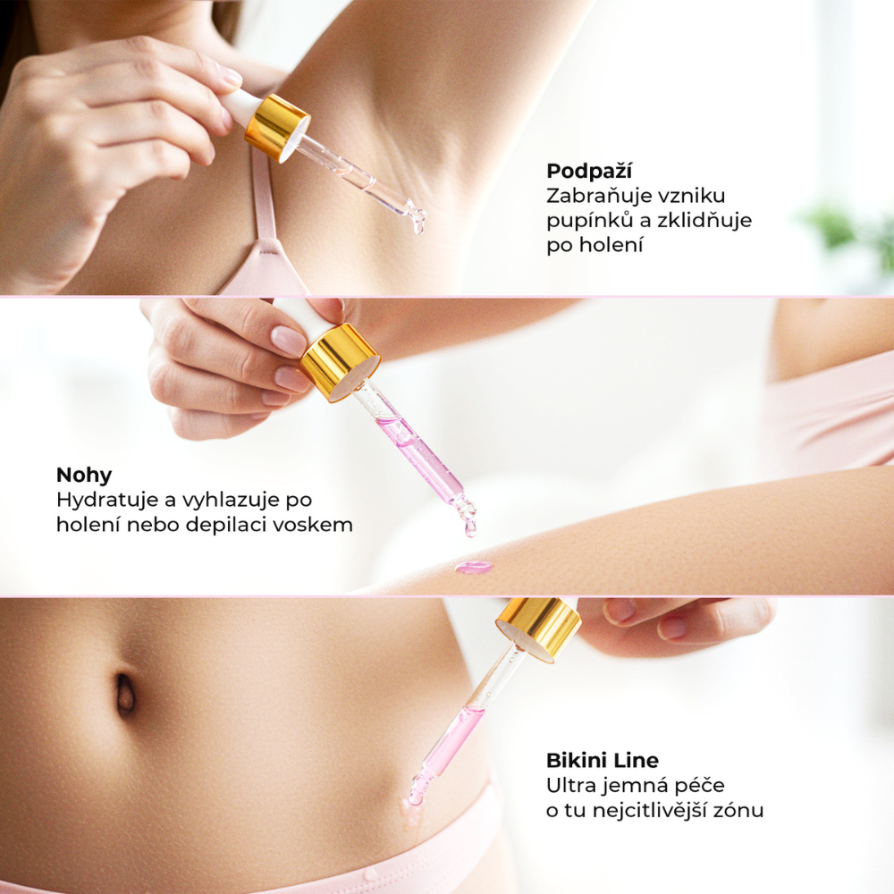 Použití oleje Silky Balloon od LumiSilk na podpaží, nohy a intimní oblasti – zklidňuje, hydratuje a chrání pokožku po holení a depilaci