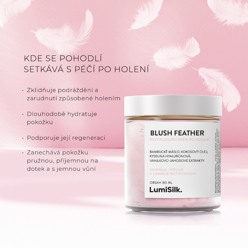Lehká textura krému Blush Feather s rychlým vstřebáváním, jemnou vůní vanilky a ovoce, vhodný pro všechny typy pleti