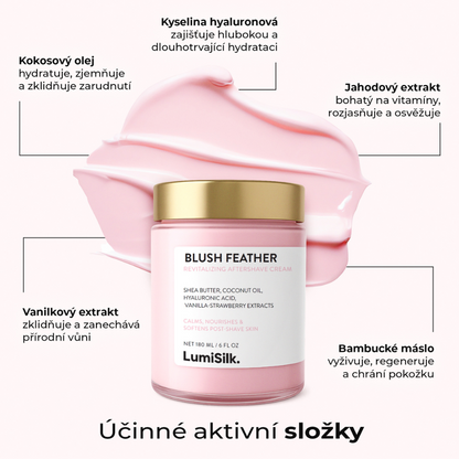 Blush Feather krém po holení s kokosovým olejem, kyselinou hyaluronovou, bambuckým máslem, vanilkovým a jahodovým extraktem – složení pro zklidnění, výživu a hydrataci pokožky