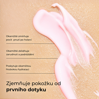 Textura krému Blush Feather – okamžitě zmírňuje pnutí po holení, zklidňuje podráždění a hydratuje pokožku od prvního dotyku