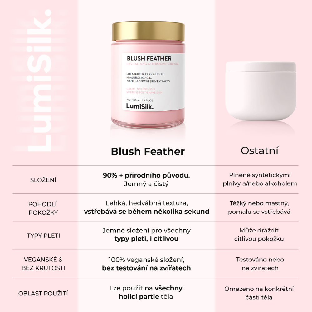 Srovnání Blush Feather s běžným krémem – přírodní složení, lehká textura, vhodné pro citlivou pleť, veganský a bez testování na zvířatech
