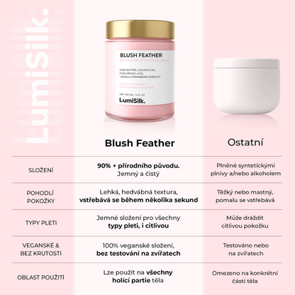 Srovnání Blush Feather s běžným krémem – přírodní složení, lehká textura, vhodné pro citlivou pleť, veganský a bez testování na zvířatech