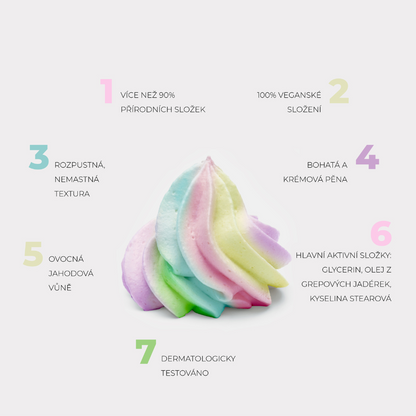 Hlavní přednosti Velvet Cloud: více než 90 % přírodních složek, veganské složení, nemastná textura, vůně jahod, dermatologicky testováno