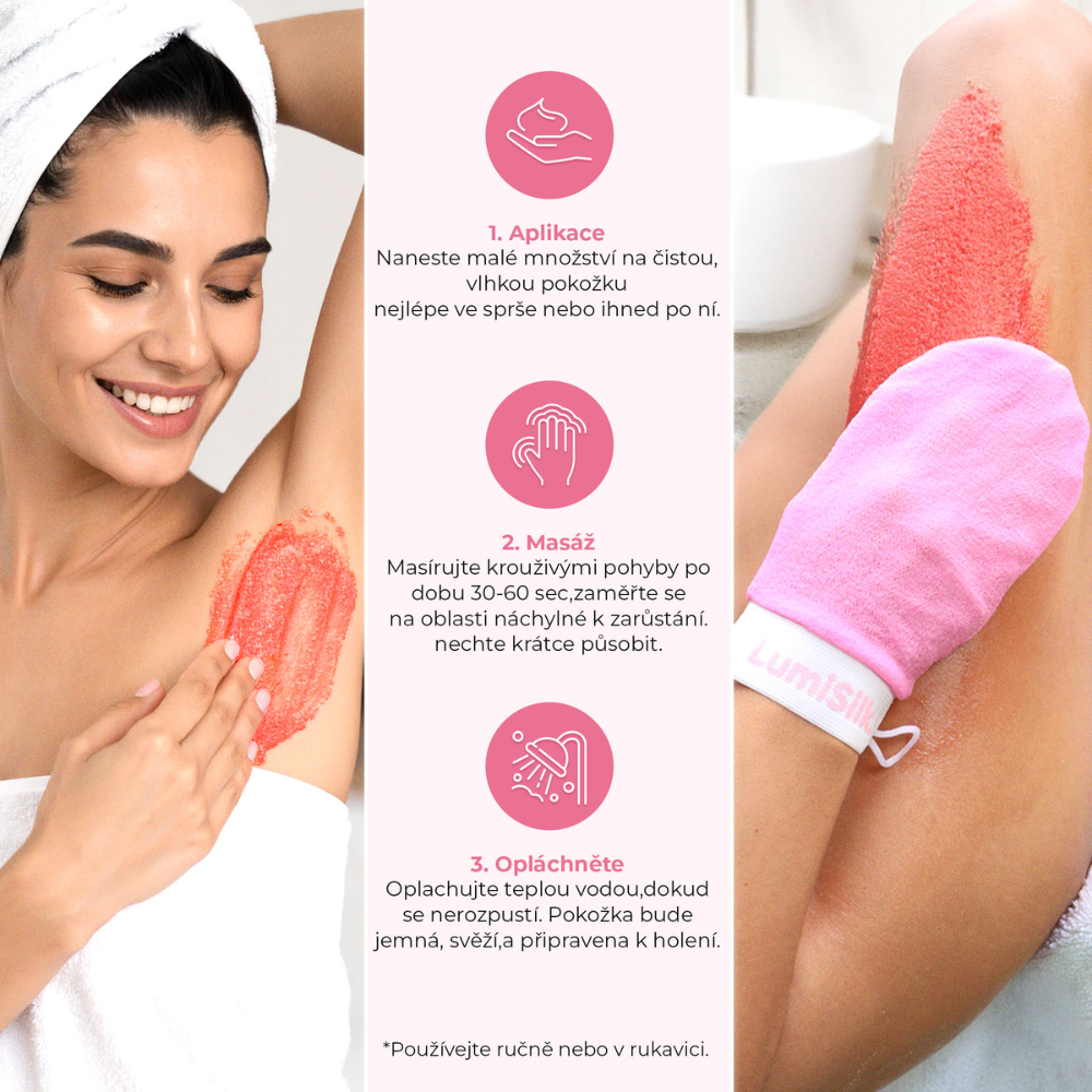 Návod k použití peelingu Sugar Veil od LumiSilk – aplikace na vlhkou pokožku, masáž proti zarůstání chloupků, opláchnutí teplou vodou pro hladkou a připravenou pleť
