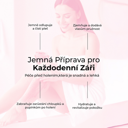 Žena používající peeling Sugar Veil od LumiSilk – jemná péče před holením, která čistí, hydratuje a zabraňuje zarůstání chloupků, pro každodenní zářivou pokožku