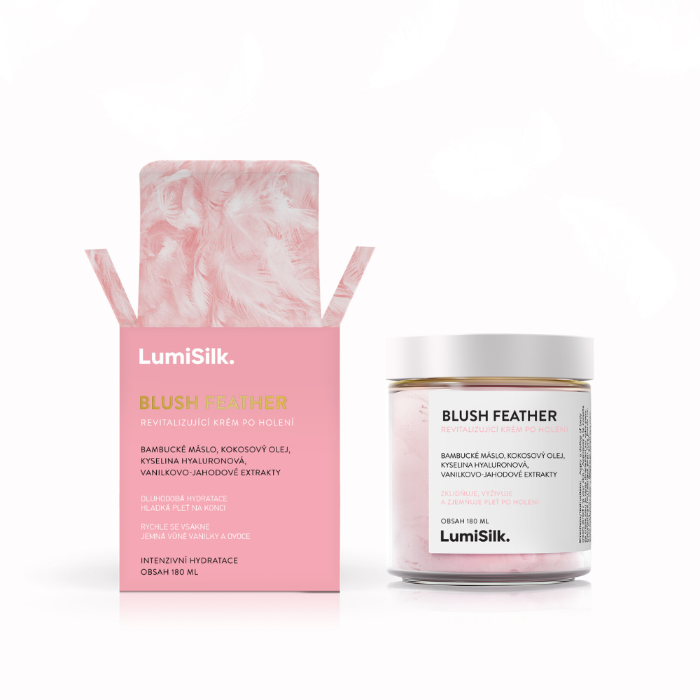 Balení revitalizačního krému po holení Blush Feather od LumiSilk s přírodními ingrediencemi jako bambucké máslo, kokosový olej a kyselina hyaluronová
