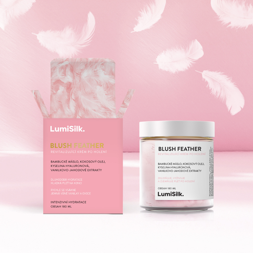 Krém po holení Blush Feather od LumiSilk s výživným složením, jemnou vůní vanilky a ovocem, hydratační účinek