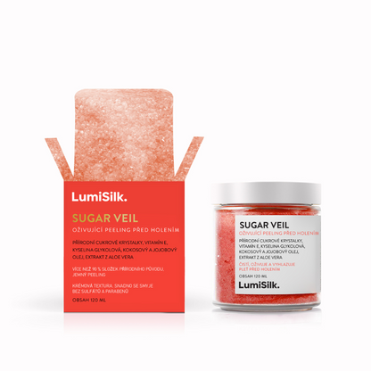 Balení exfoliační péče Sugar Veil od LumiSilk s přírodními cukrovými krystaly, vitamínem E, kokosovým a jojobovým olejem
