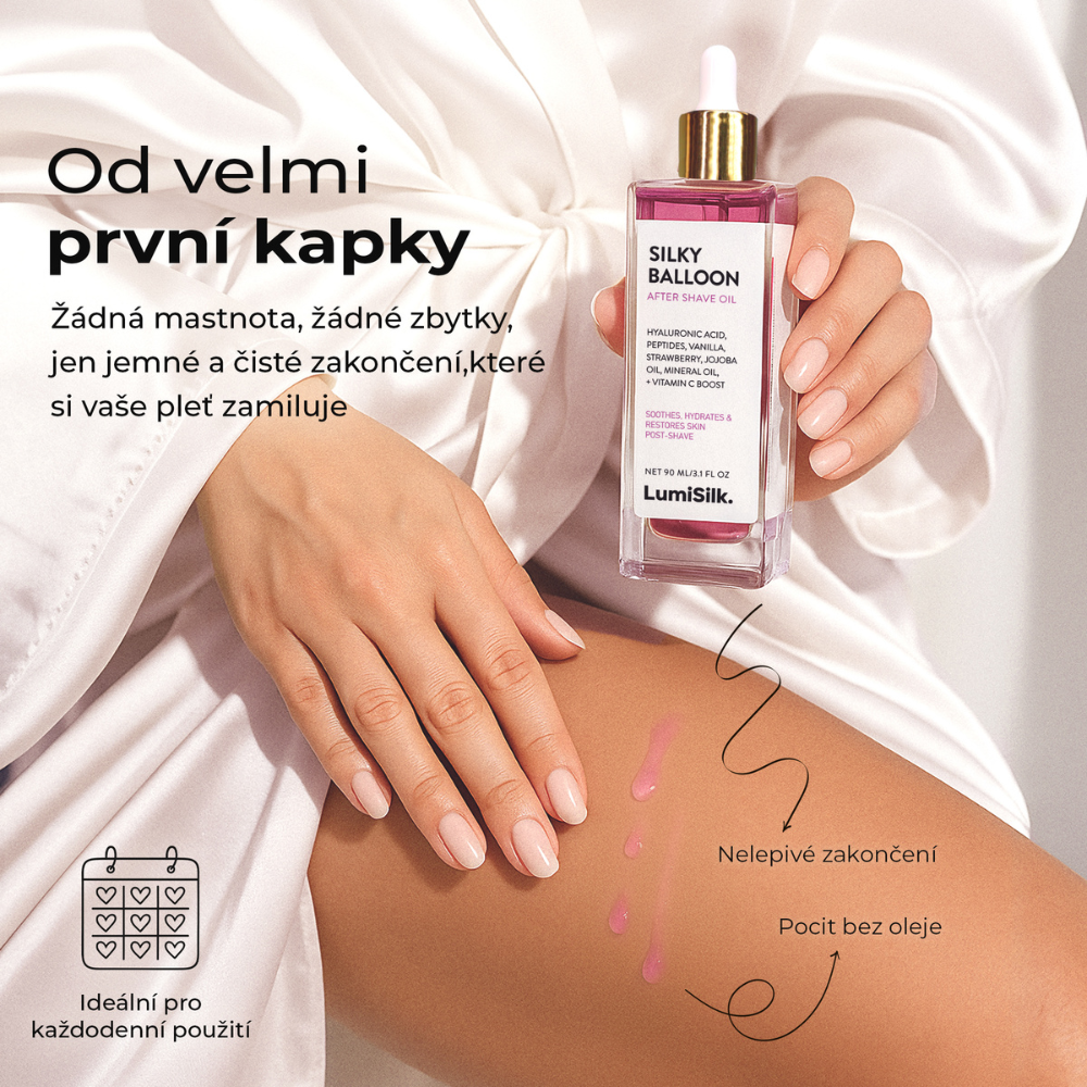 Luxusní olej po holení Silky Balloon od LumiSilk – nemastný, rychle se vstřebává, ideální pro každodenní použití, zklidňuje a hydratuje pokožku od první kapky