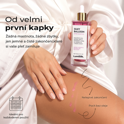 Luxusní olej po holení Silky Balloon od LumiSilk – nemastný, rychle se vstřebává, ideální pro každodenní použití, zklidňuje a hydratuje pokožku od první kapky
