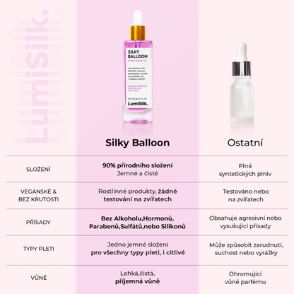 Srovnání oleje po holení Silky Balloon od LumiSilk s běžnými produkty – 90% přírodní složení, bez alkoholu a silikonů, veganský, vhodný i pro citlivou pleť, s jemnou vůní
