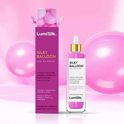 Olej po holení Silky Balloon s růžovým pozadím a balónky. Zklidňuje, hydratuje a obnovuje pokožku po holení.