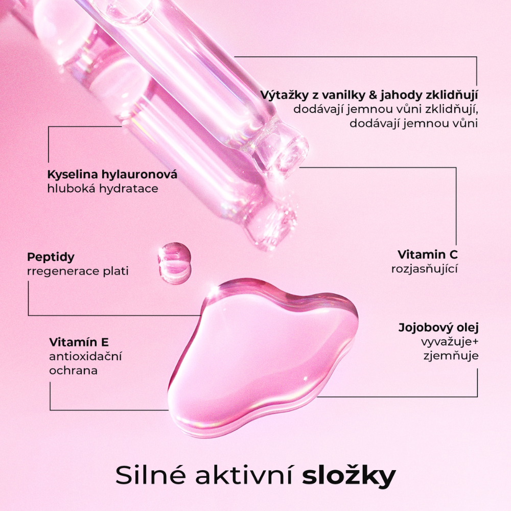 Silné aktivní složky oleje Silky Balloon od LumiSilk – kyselina hyaluronová, peptidy, vitamín C a E, jojobový olej, výtažky z vanilky a jahody pro hydrataci, regeneraci a zklidnění pokožky