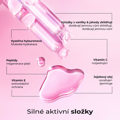 Silné aktivní složky oleje Silky Balloon od LumiSilk – kyselina hyaluronová, peptidy, vitamín C a E, jojobový olej, výtažky z vanilky a jahody pro hydrataci, regeneraci a zklidnění pokožky