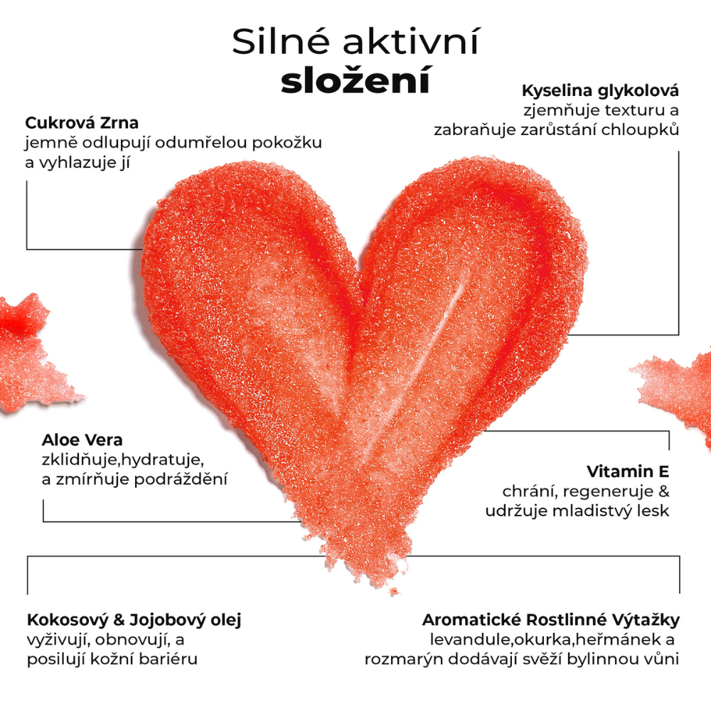 Složení peelingu Sugar Veil od LumiSilk – cukrová zrna, kyselina glykolová, aloe vera, vitamin E, kokosový a jojobový olej, bylinné extrakty pro jemnou exfoliaci a hydrataci pokožky