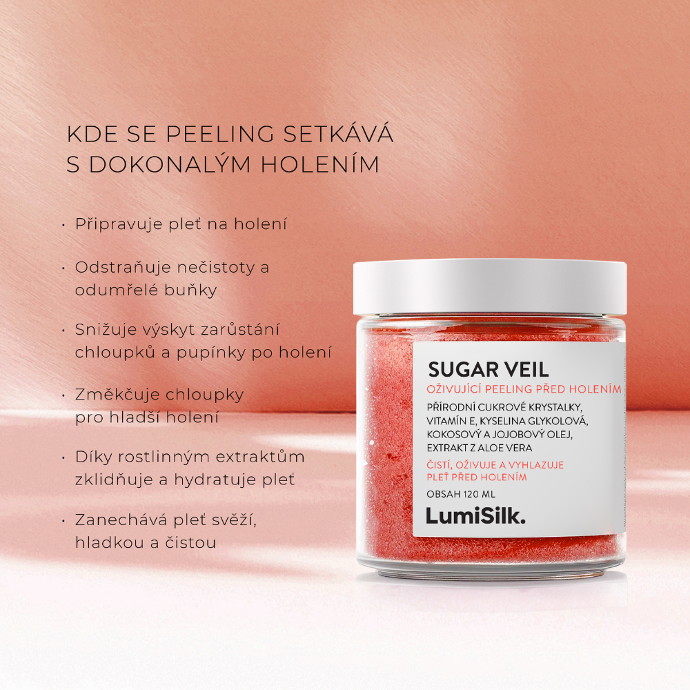 Sugar Veil exfoliant připravuje pokožku na holení, odstraňuje odumřelé buňky a zjemňuje chloupky pro hladší výsledek