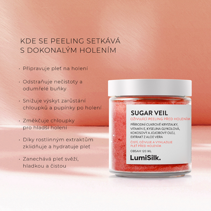 Sugar Veil exfoliant připravuje pokožku na holení, odstraňuje odumřelé buňky a zjemňuje chloupky pro hladší výsledek