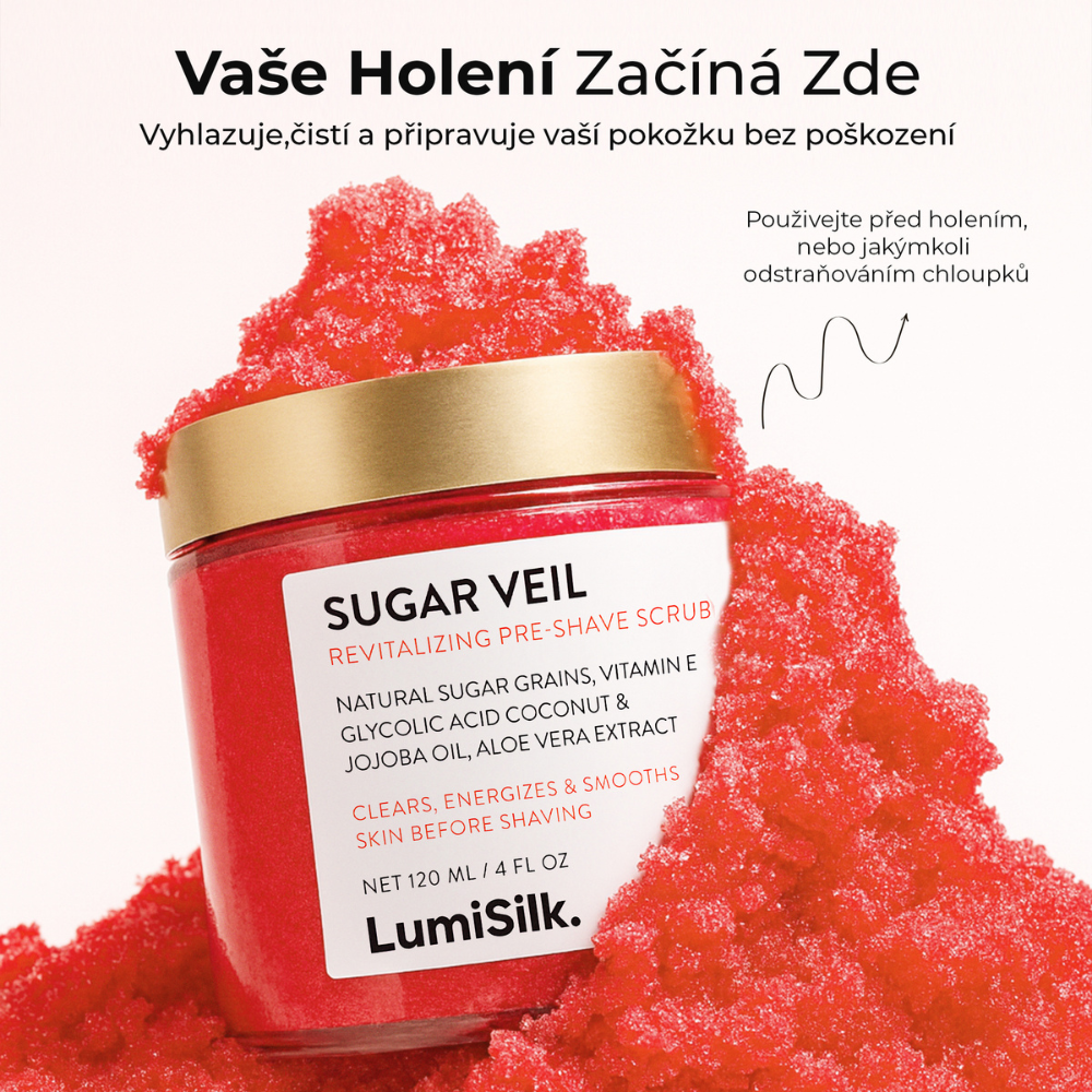 Revitalizační peeling před holením Sugar Veil od LumiSilk s přírodními cukrovými zrny, vitamínem E, kokosovým olejem a aloe vera – čistí, vyhlazuje a připravuje pokožku na holení