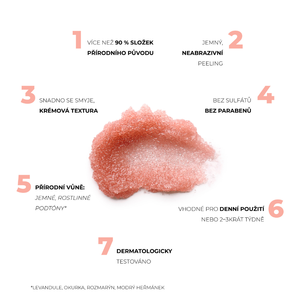 Textura exfoliačního krému Sugar Veil: jemný, neabrazivní, bez sulfátů a parabenů, s rostlinnou vůní a dermatologicky testovaný