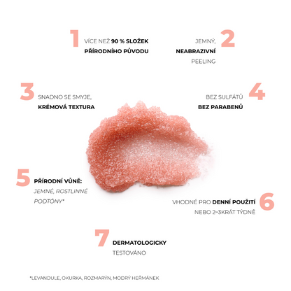 Textura exfoliačního krému Sugar Veil: jemný, neabrazivní, bez sulfátů a parabenů, s rostlinnou vůní a dermatologicky testovaný