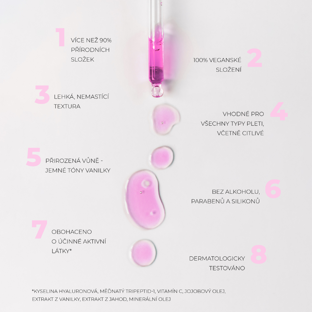 Lehká textura oleje Silky Balloon s klíčovými účinnými látkami: kyselina hyaluronová, vitamín C, niacinamid a extrakt z vanilky.