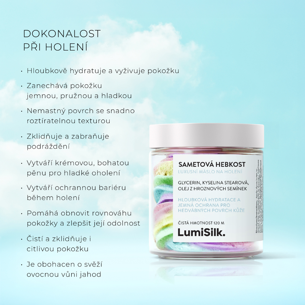 Výhody Velvet Cloud: hloubková hydratace, sametová textura, jemná ochrana a zklidněná pokožka při holení